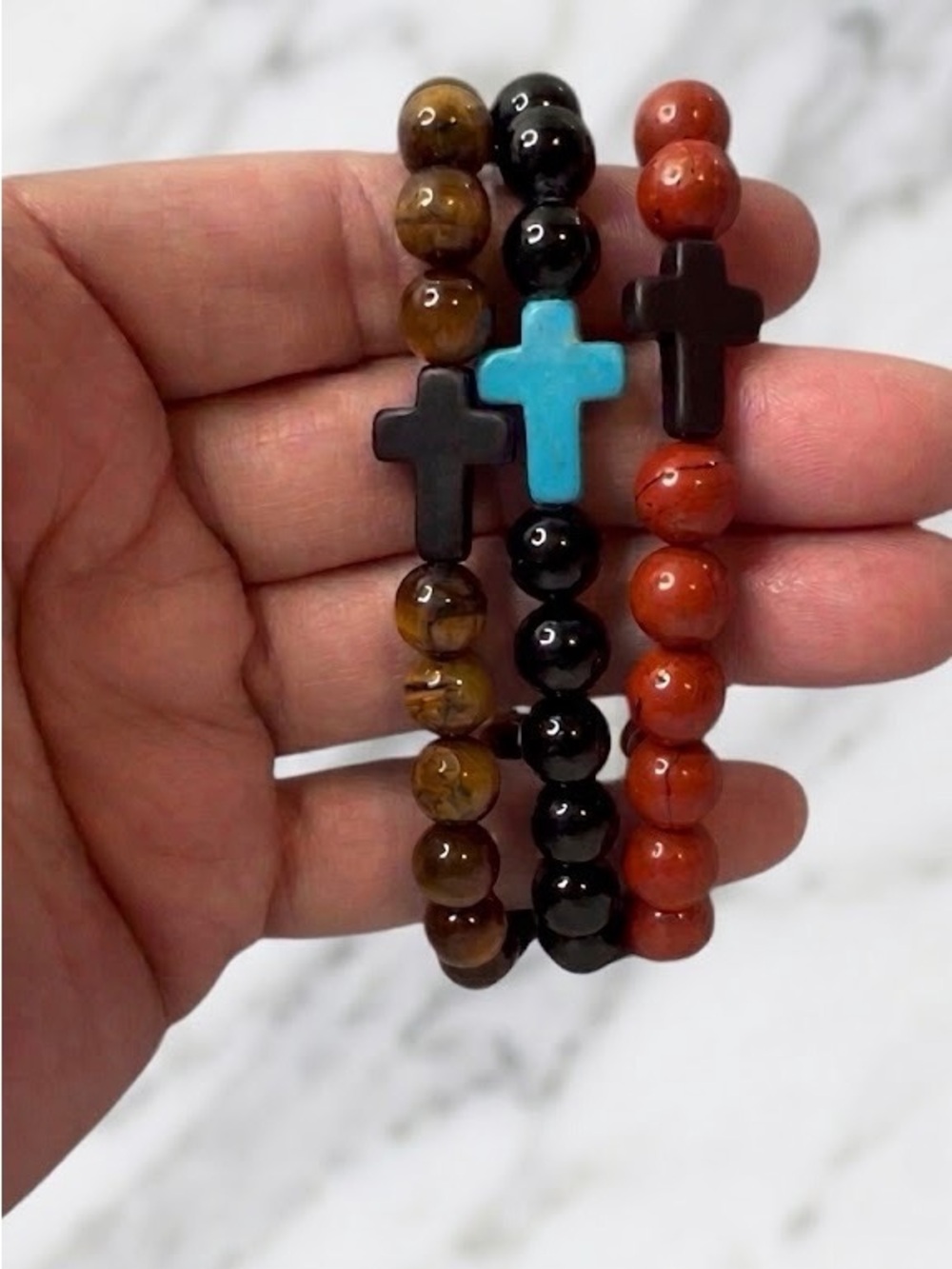 Artisan Gemstone Cross Bracelet Stack Set 3 Tiger Eye Obsidian Jasper 8mm FL1066